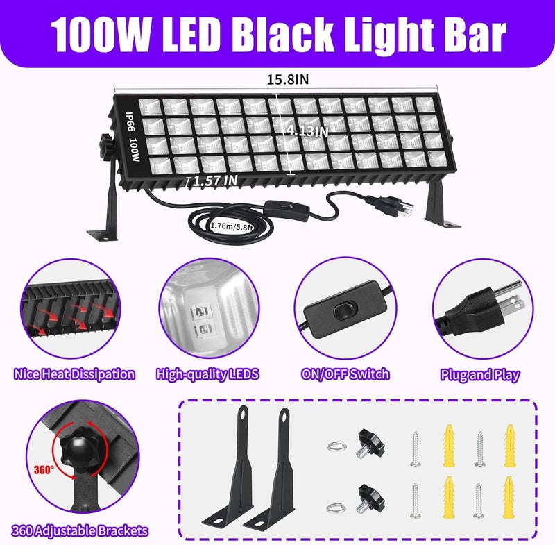 SHGPODA 100W LED Black Light Bar, IP66 Waterproof Blacklight with 6ft Cord+Plug+Switch, Black Lights for Neon Glow Party, Fluorescent Poster, Body Paint, Birthday, Bedroom, Halloween, Christmas - Image 5